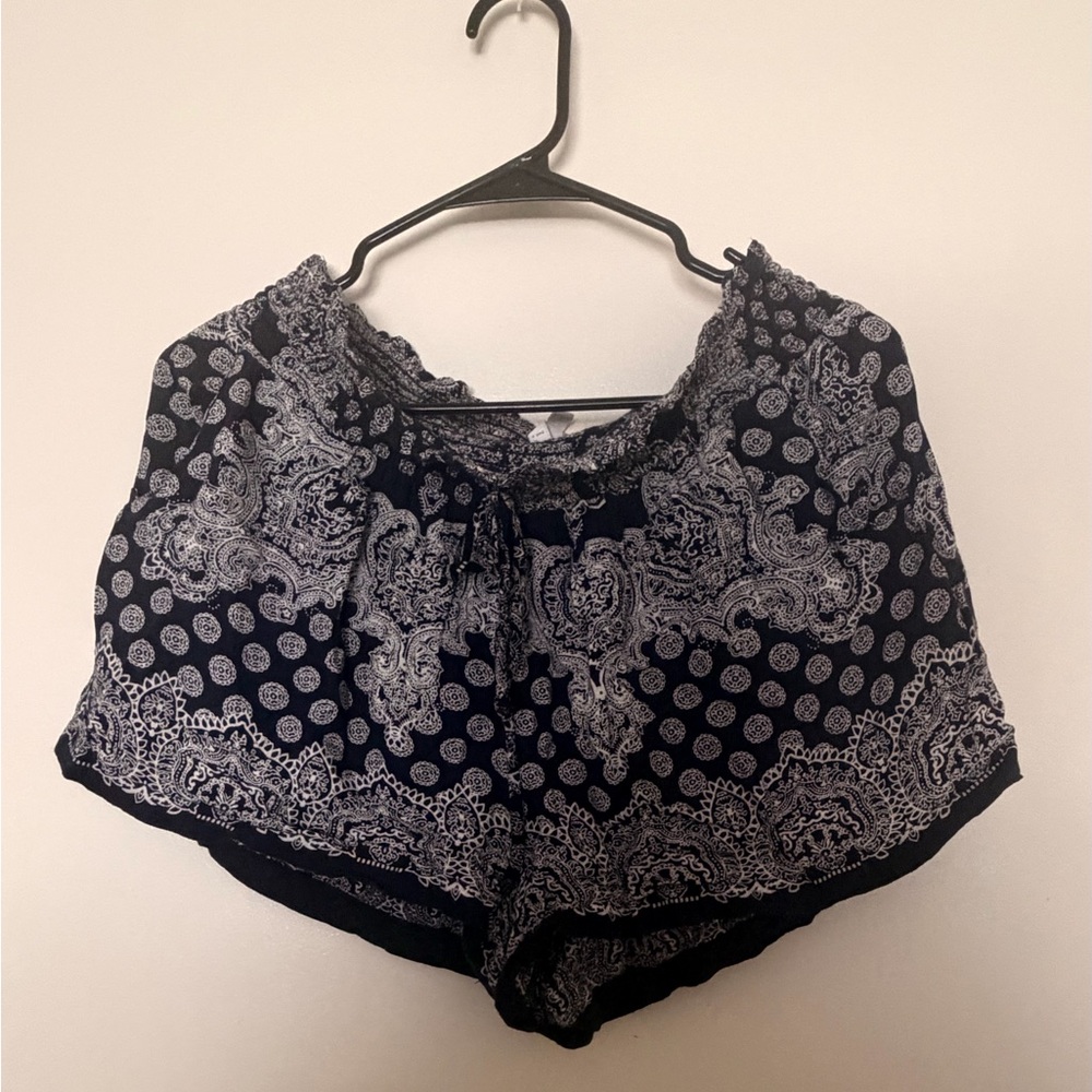 Navy Paisley Print Elastic Waist Shorts